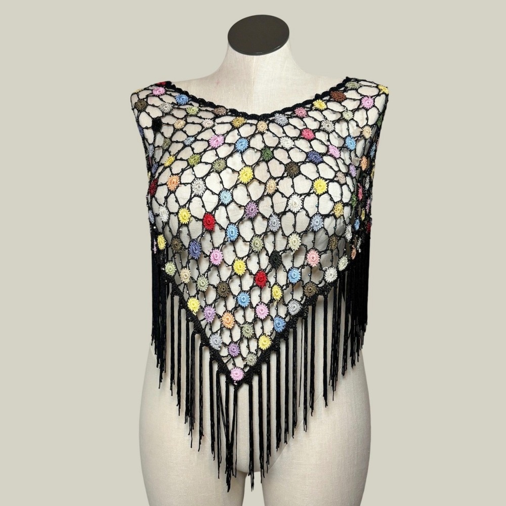 Vtg Triangle Crochet Poncho O/S Multicolor Beaded Fringe Boho Tassle Hippie Rave